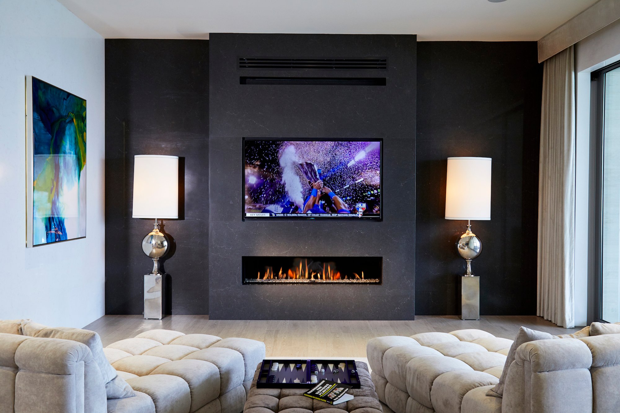 Entertainment center next to fireplace discount
